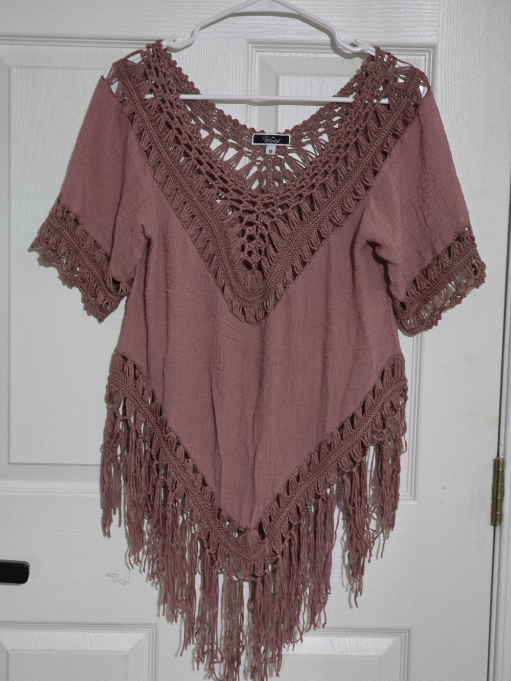 Crochet Trim Fringe Poncho Sweater - Dusty Rose